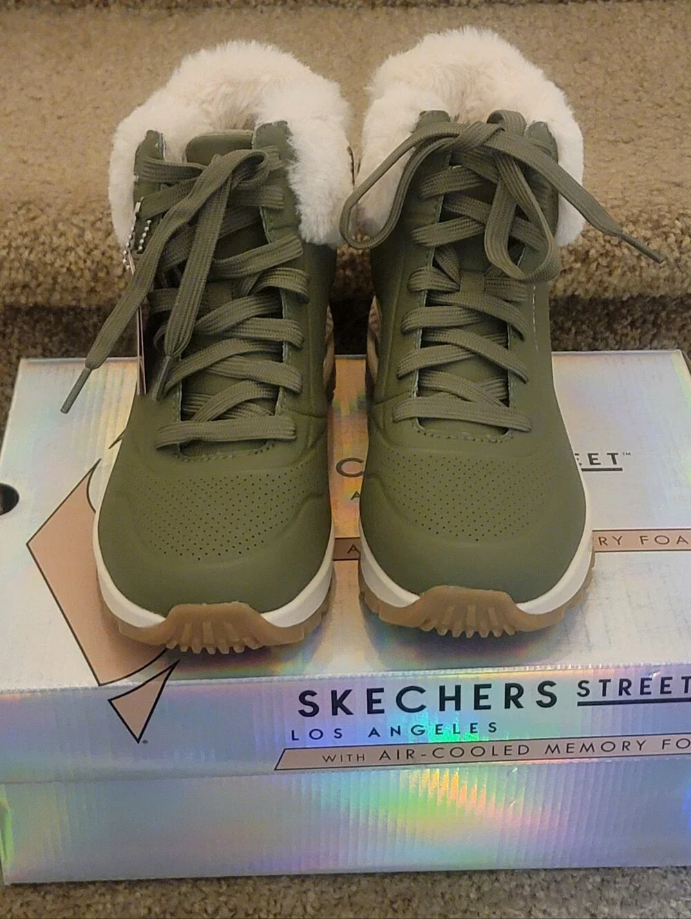 Women Skechers Uno Rugged- Fall Ait Short Boots In Olive Color Size 6.5 Wide